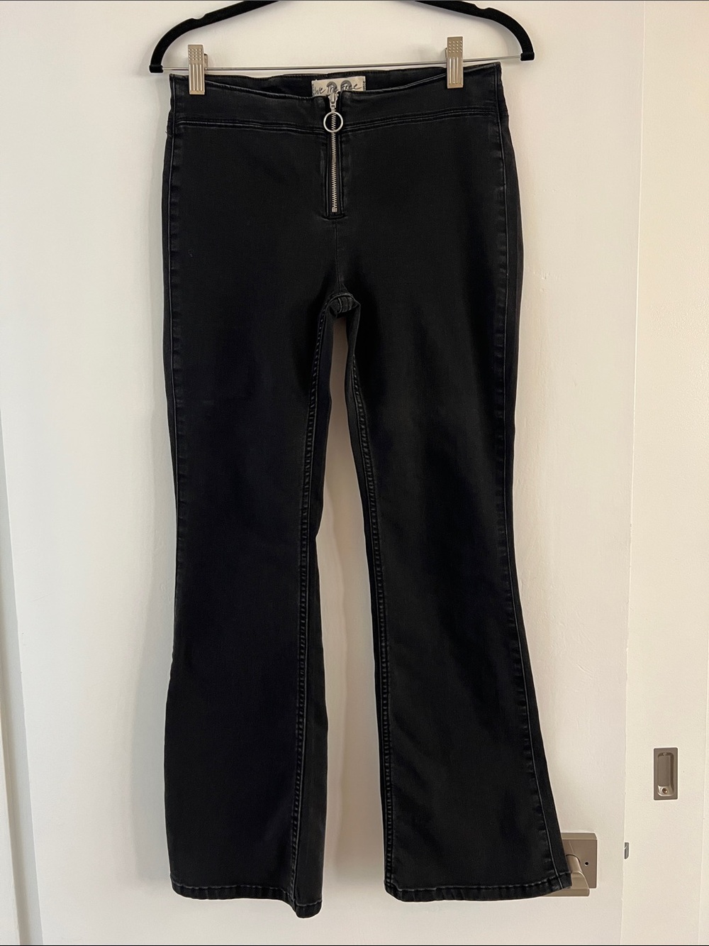 Free People Med-Rise Black Flare Jeans with Front Zip